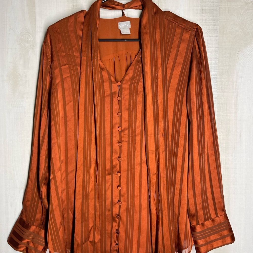 Chico’s Rust Color Blouse Button Front With Scarf… - image 5